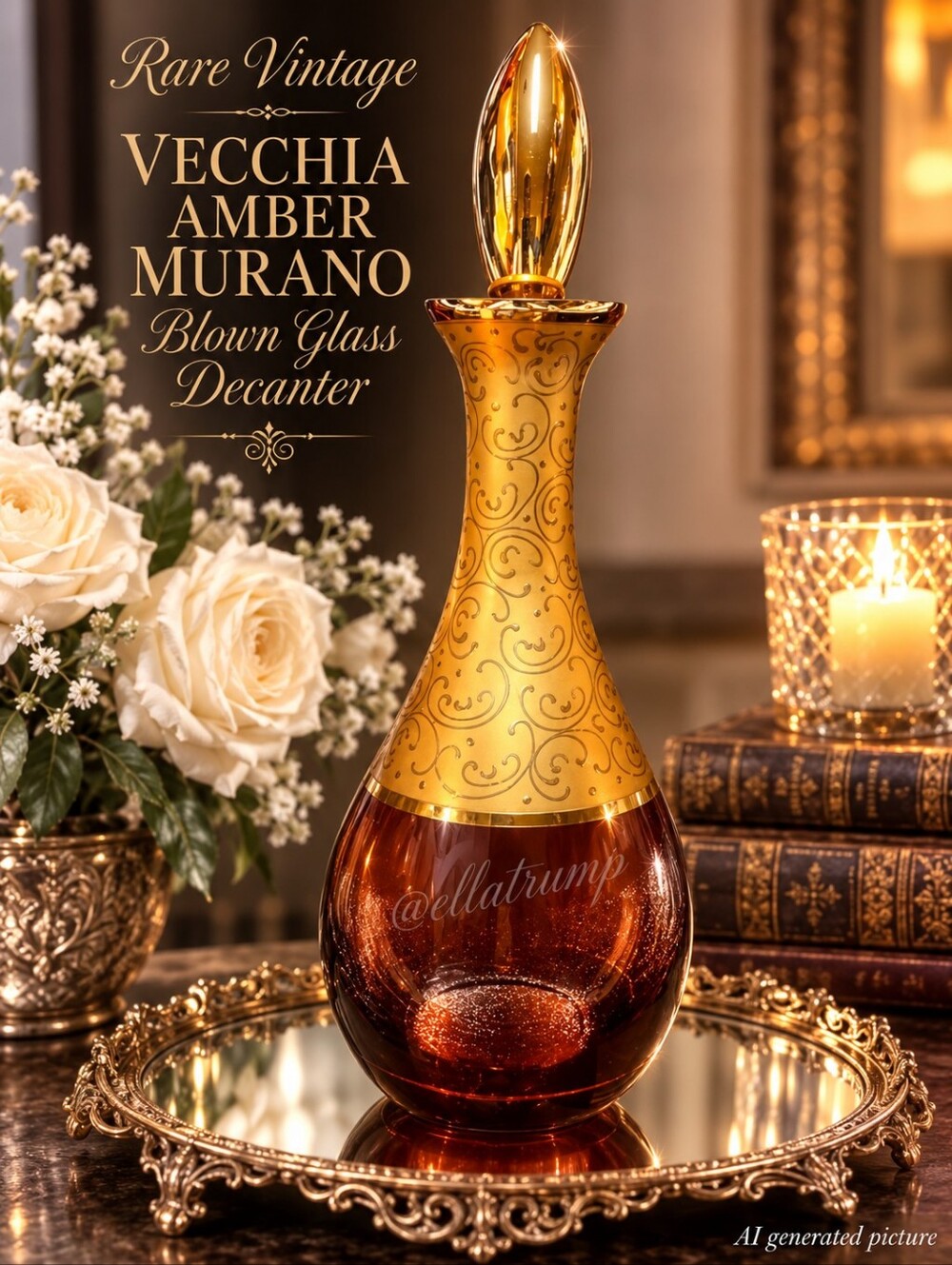 Rare Vintage Vecchia Amber Murano Blown Glass Decanter